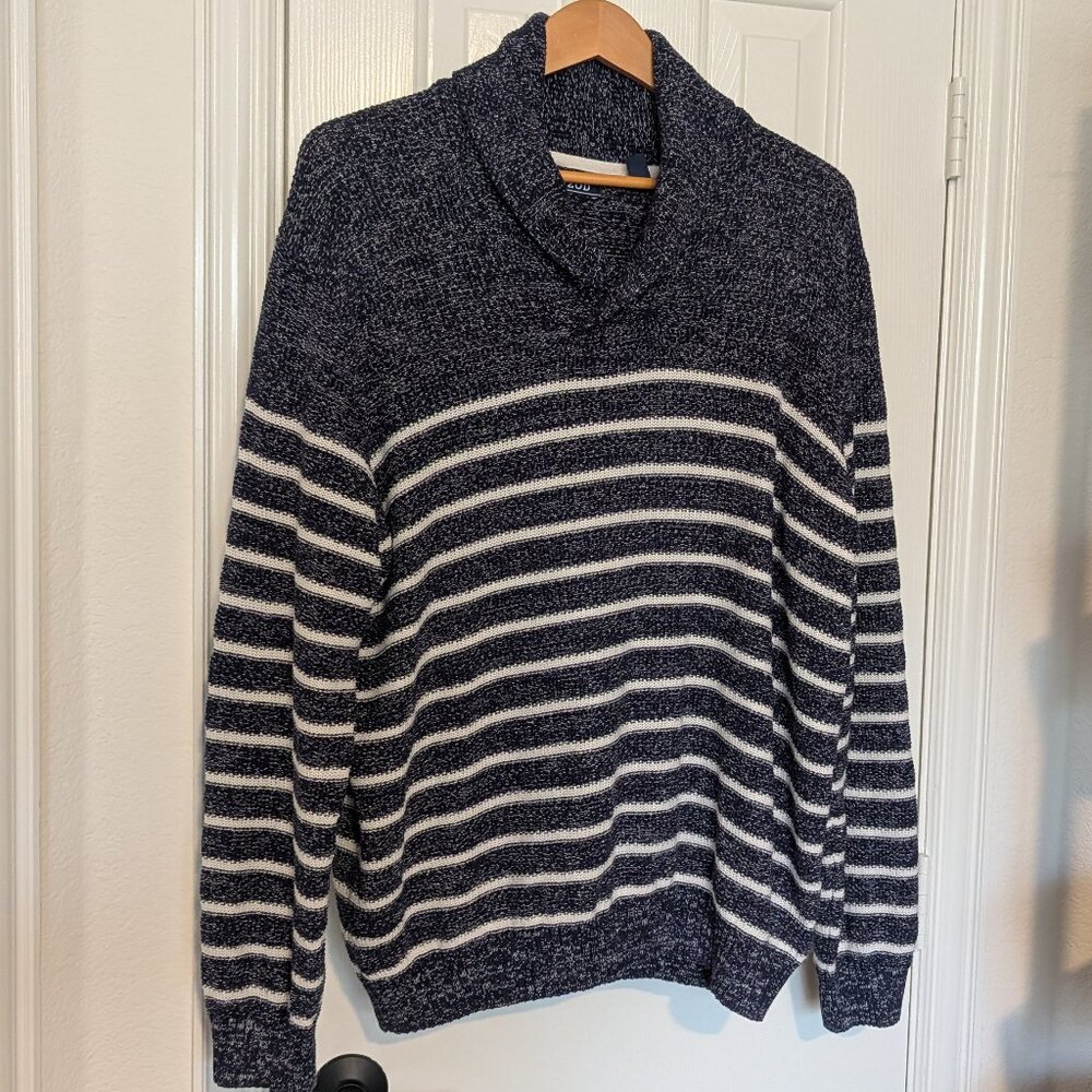 Izod Men's Shawl Collar Striped Blue and white sweater, Size XL